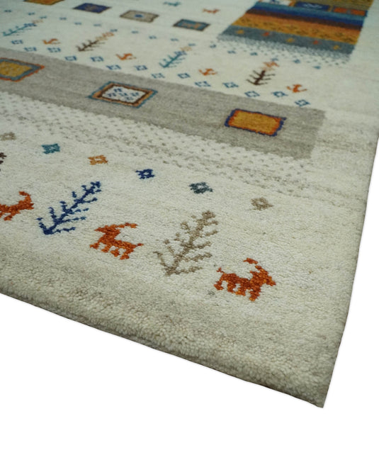 Hand Knotted animal Life Ivory with multicolored figures Lori Gabbeh Traditional Antique Southwestern rug, 6X8