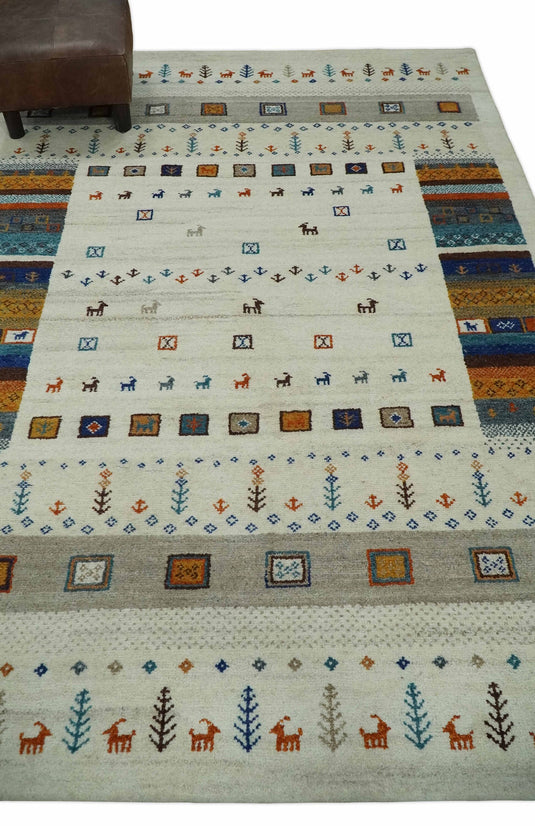 Hand Knotted animal Life Ivory with multicolored figures Lori Gabbeh Traditional Antique Southwestern rug, 6X8
