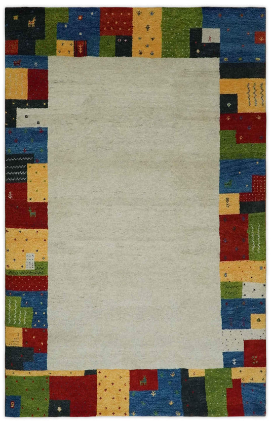 Hand Knotted modern Ivory with multicolored stripes Lori Gabbeh Traditional Antique Southwestern rug, 6X8