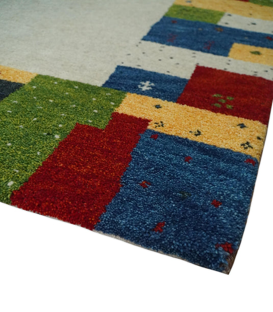 Hand Knotted modern Ivory with multicolored stripes Lori Gabbeh Traditional Antique Southwestern rug, 6X8