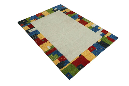 Hand Knotted modern Ivory with multicolored stripes Lori Gabbeh Traditional Antique Southwestern rug, 6X8