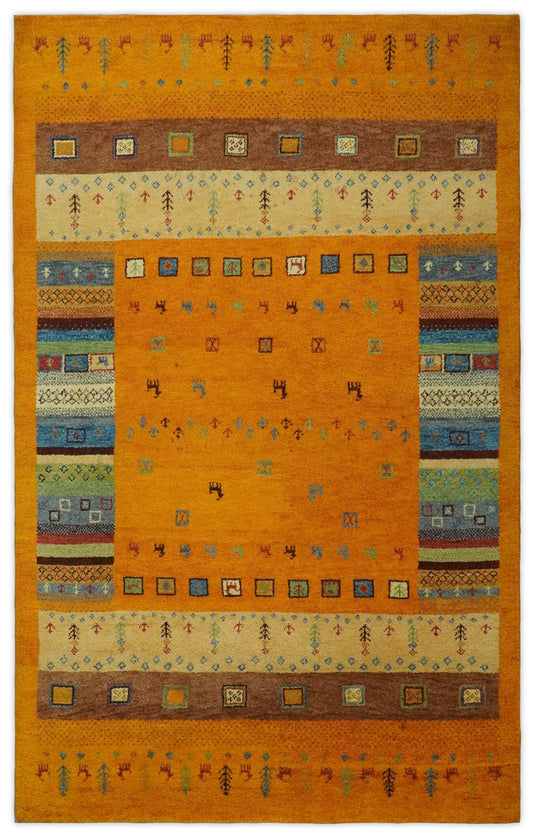 Hand Knotted Animal Life Gold with multicolored figures Lori Gabbeh Traditional Antique Southwestern rug, 6X8