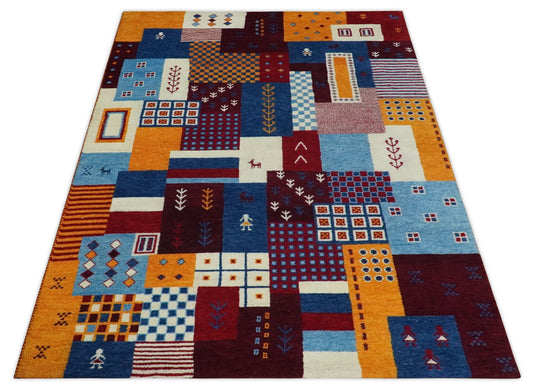 Hand Knotted modern multicolored abstract Gabbeh Traditional Antique Southwestern rug, 6X8