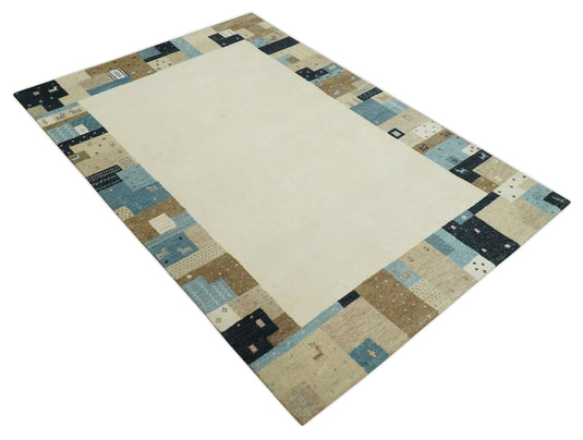 Hand Knotted Ivory with multicolored stripes  Gabbeh Traditional Antique Southwestern rug, 6X8