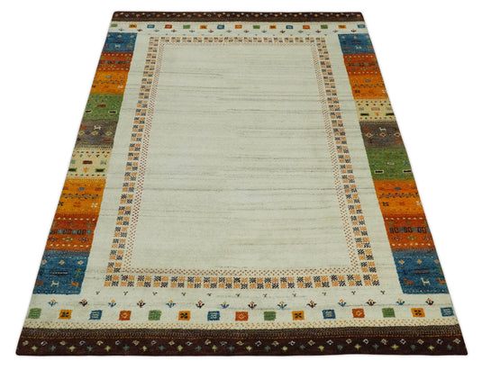 Hand Knotted Ivory with multicolored stripes border Gabbeh Traditional Antique Southwestern rug, 6X8