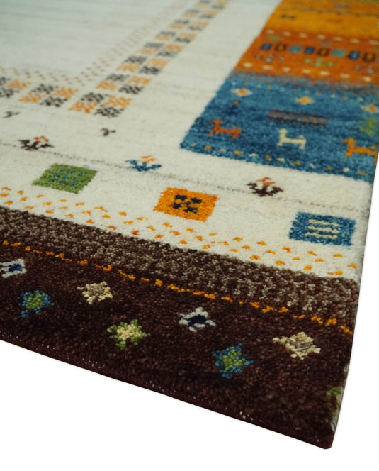 Hand Knotted Ivory with multicolored stripes border Gabbeh Traditional Antique Southwestern rug, 6X8