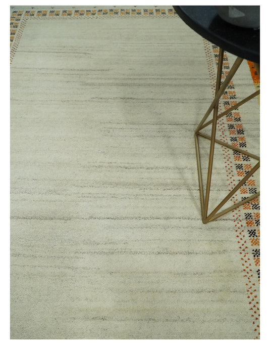 Hand Knotted Ivory with multicolored stripes border Gabbeh Traditional Antique Southwestern rug, 6X8