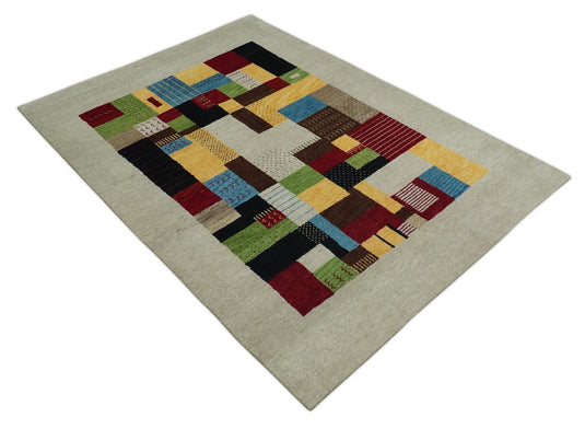 Hand Knotted Ivory with multicolored stripes Gabbeh Traditional Antique Southwestern rug, 6X8