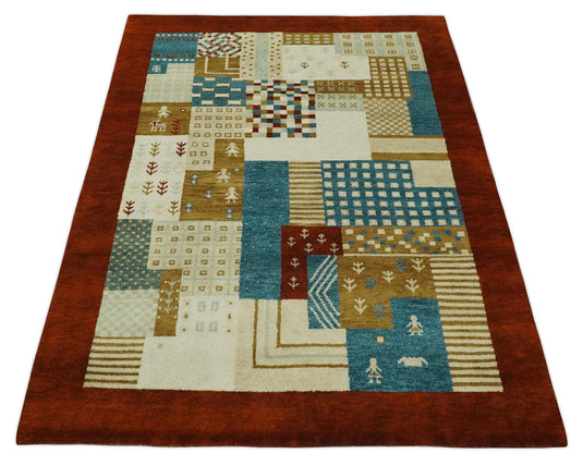 Hand Knotted Rust with multicolored Gabbeh Traditional Antique Southwestern rug, 6X8