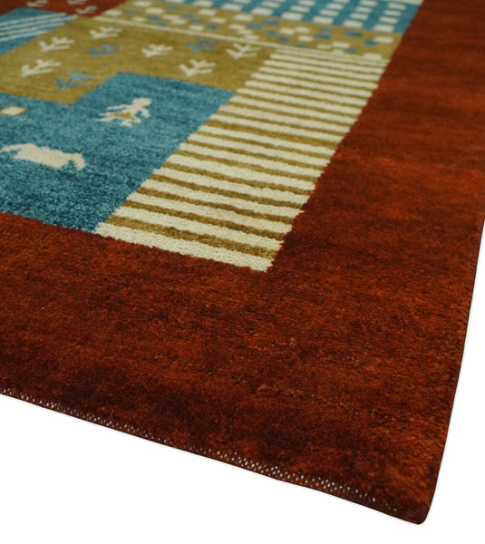 Hand Knotted Rust with multicolored Gabbeh Traditional Antique Southwestern rug, 6X8