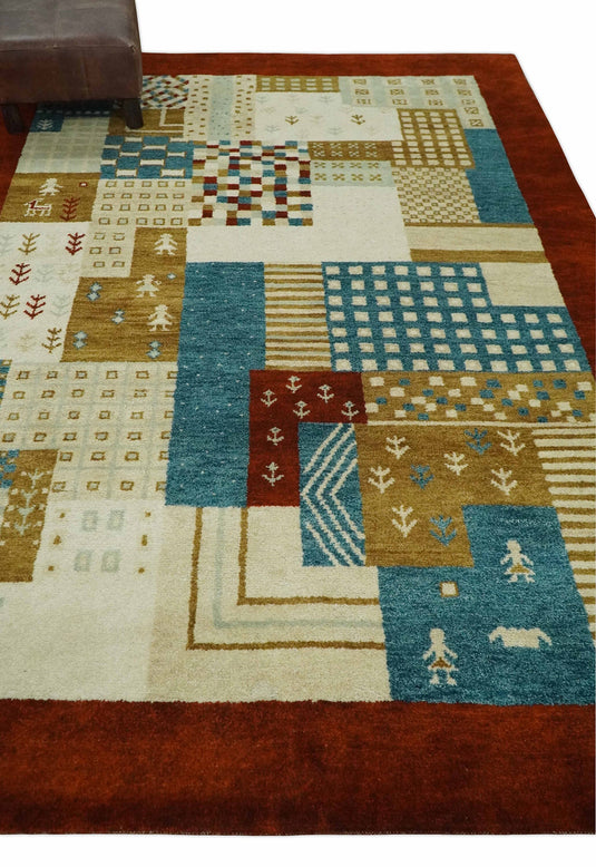 Hand Knotted Rust with multicolored Gabbeh Traditional Antique Southwestern rug, 6X8