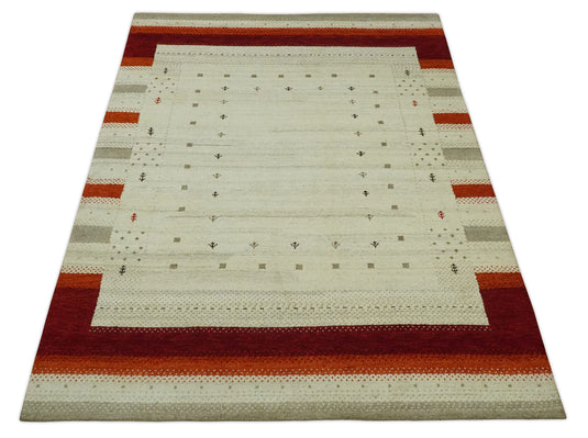 Hand Knotted Ivory with rust stripes border Gabbeh Traditional Antique Southwestern rug, 6X8