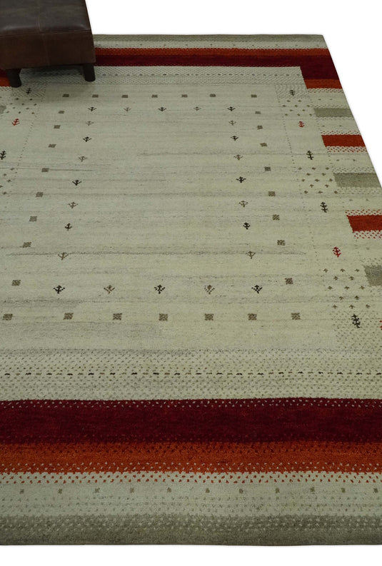 Hand Knotted Ivory with rust stripes border Gabbeh Traditional Antique Southwestern rug, 6X8