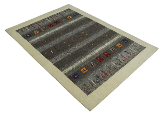 Hand Knotted modern Beige and Grey stripes Lori Gabbeh Traditional Antique Southwestern rug, 6X8