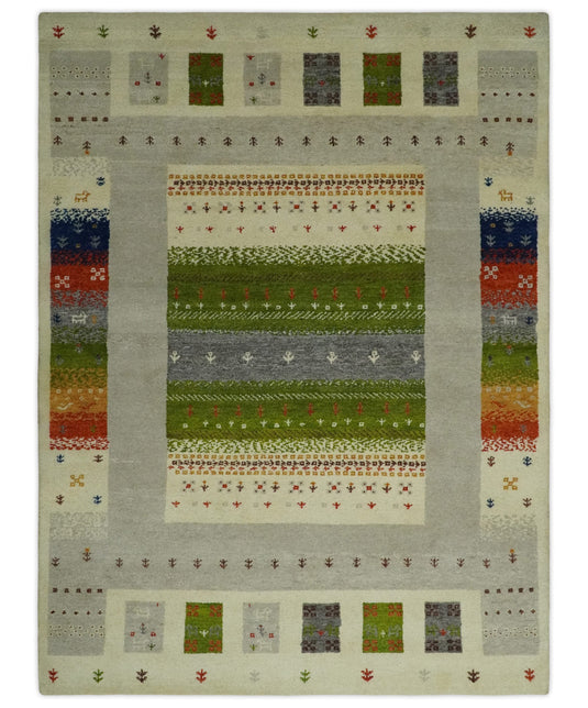 Hand Knotted animal Life Beige with multicolored figures Lori Gabbeh Traditional Antique Southwestern rug, 6X8