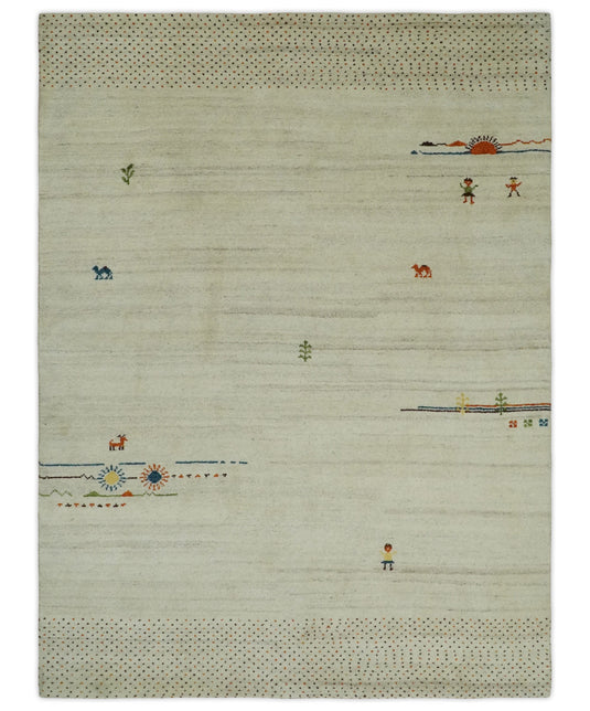 Hand Knotted animal Life ivory with multicolored figures Lori Gabbeh Traditional Antique Southwestern rug, 6X8