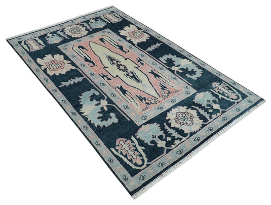 Hand Knotted Dark Blue, Ivory and Peach Heriz Serapi Medallion Area rug, 5X8