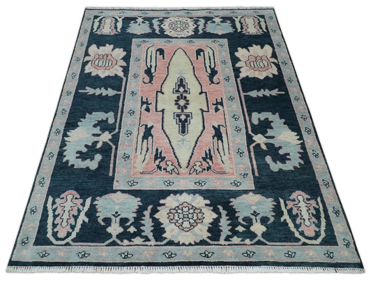 Hand Knotted Dark Blue, Ivory and Peach Heriz Serapi Medallion Area rug, 5X8