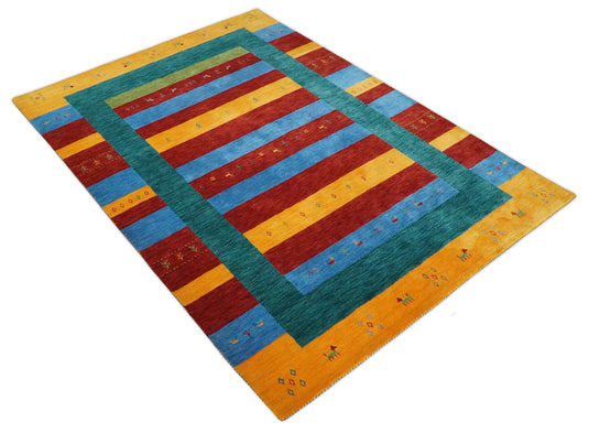 Hand Woven Vibrant Red, Blue, Yellow and Green Striped Wool southwestern Lori area rug, 6x8