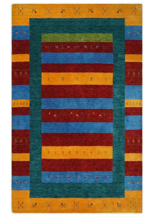 Hand Woven Vibrant Red, Blue, Yellow and Green Striped Wool southwestern Lori area rug, 6x8