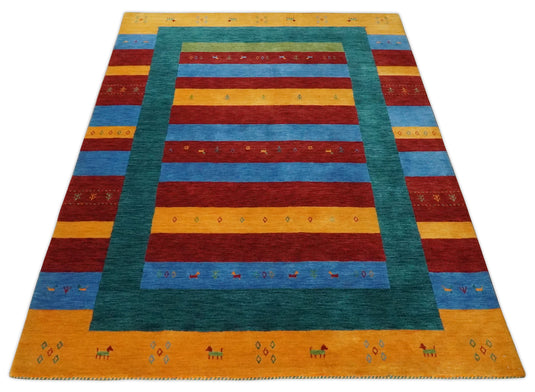 Hand Woven Vibrant Red, Blue, Yellow and Green Striped Wool southwestern Lori area rug, 6x8