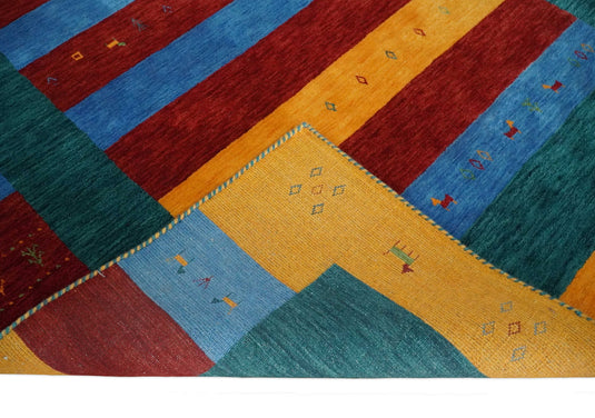 Hand Woven Vibrant Red, Blue, Yellow and Green Striped Wool southwestern Lori area rug, 6x8