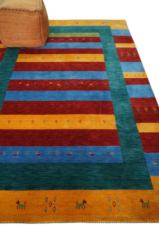 Hand Woven Vibrant Red, Blue, Yellow and Green Striped Wool southwestern Lori area rug, 6x8