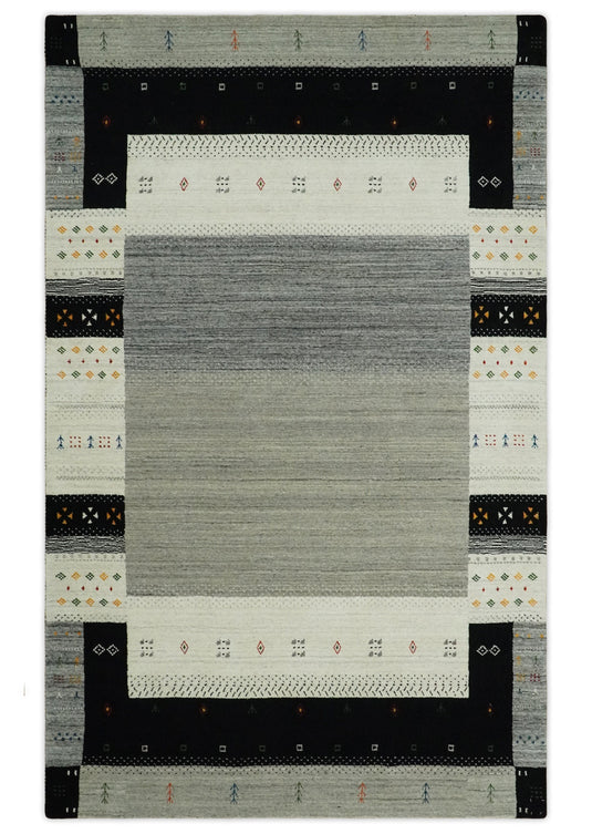 Hand Woven Ivory, Black and Grey Striped Wool southwestern Gabbeh area rug, 5x8