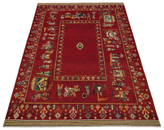 Hand Woven Maroon Indian wedding design Antique Wool area rug, 5x7