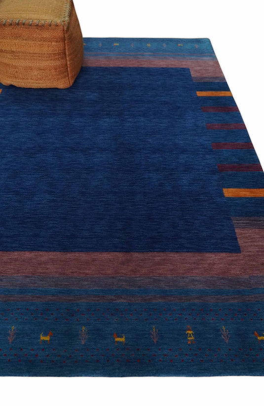 Hand Woven Blue and Peach Wool southwestern Lori Gabbeh area rug, 6x8  |KNT22