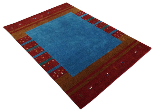 Hand Woven Blue Brown and Rust Wool southwestern Lori area rug, 6x8