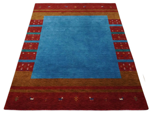 Hand Woven Blue Brown and Rust Wool southwestern Lori area rug, 6x8