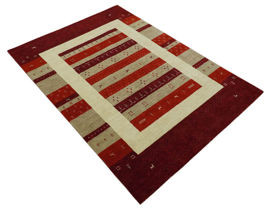 Hand Woven Red, Maroon and Beige striped Wool southwestern Lori area rug, 6x8