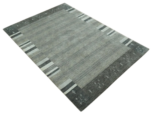 Hand Woven Grey, Charcoal and Ivory Striped Wool southwestern Lori area rug, 6x8