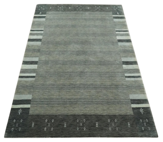 Hand Woven Grey, Charcoal and Ivory Striped Wool southwestern Lori area rug, 6x8