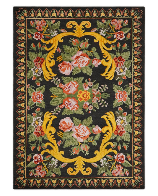 Flatwoven Soumak Black with multicolored Floral design Wool area rug, 5x7 |KNT29