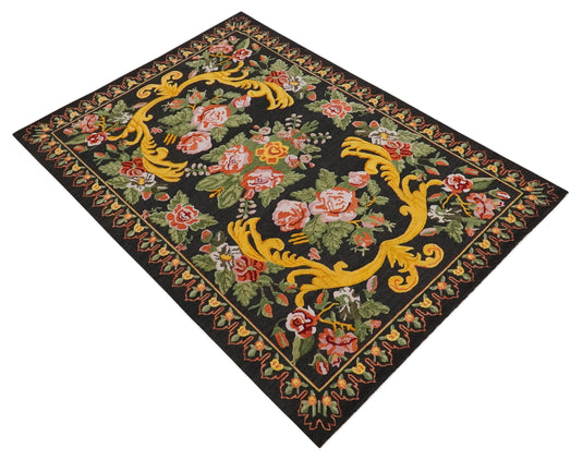 Flatwoven Soumak Black with multicolored Floral design Wool area rug, 5x7 |KNT29