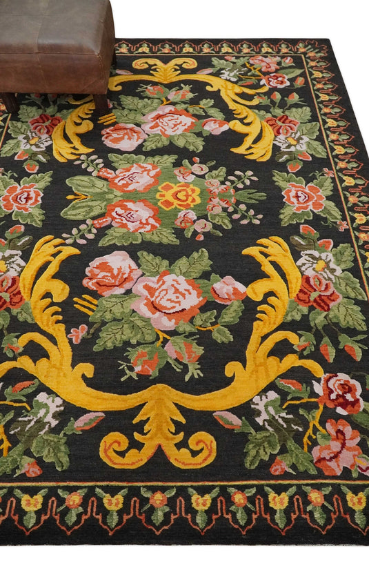 Flatwoven Soumak Black with multicolored Floral design Wool area rug, 5x7 |KNT29