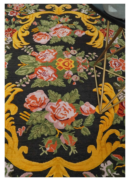 Flatwoven Soumak Black with multicolored Floral design Wool area rug, 5x7 |KNT29