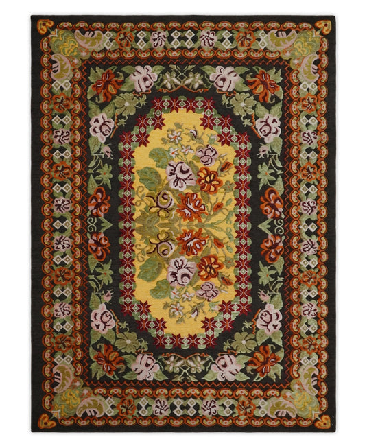 Flatwoven Soumak Black with multicolored Floral design Wool area rug, 5x7 |KNT39