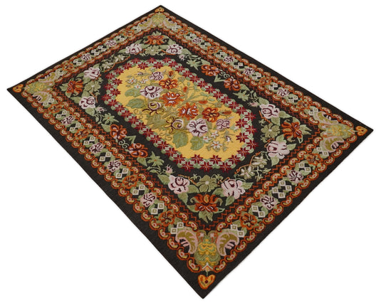 Flatwoven Soumak Black with multicolored Floral design Wool area rug, 5x7 |KNT39