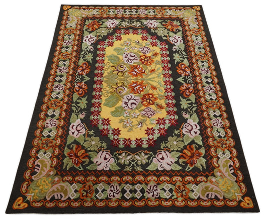 Flatwoven Soumak Black with multicolored Floral design Wool area rug, 5x7 |KNT39