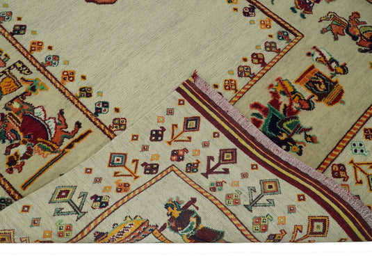 Hand Woven Ivory and Beige Indian wedding design Soumak Handspun Wool area rug, 5x7 |KNT42