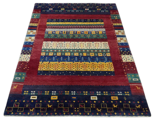 Hand knotted Red and Blue multicolored tree design Wool area rug, 5x7 |KNT45