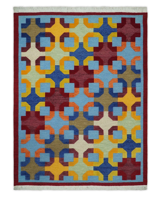 Hand knotted soumak Multicolored geometric design Wool area rug, 5x7 |KNT46