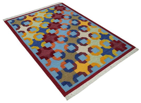 Hand knotted soumak Multicolored geometric design Wool area rug, 5x7 |KNT46