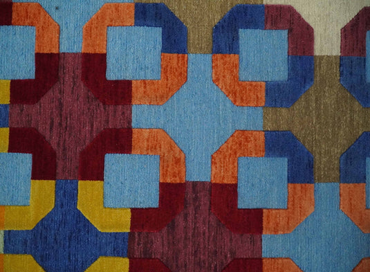 Hand knotted soumak Multicolored geometric design Wool area rug, 5x7 |KNT46