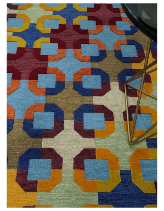 Hand knotted soumak Multicolored geometric design Wool area rug, 5x7 |KNT46