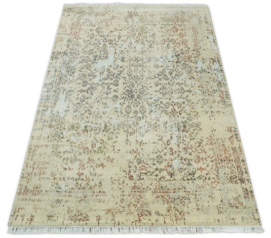 Hand Knotted Beige and rustTraditional design Antique wool and Silk area rug, 6x9 | AGR269