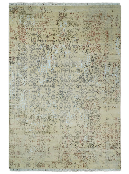 Hand Knotted Beige and rustTraditional design Antique wool and Silk area rug, 6x9 | AGR269